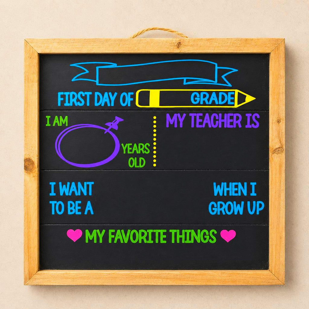 Blank Favorite Things first-day-of-school chalkboard sign with colorful lettering, reusable writing spaces and a natural wood frame.