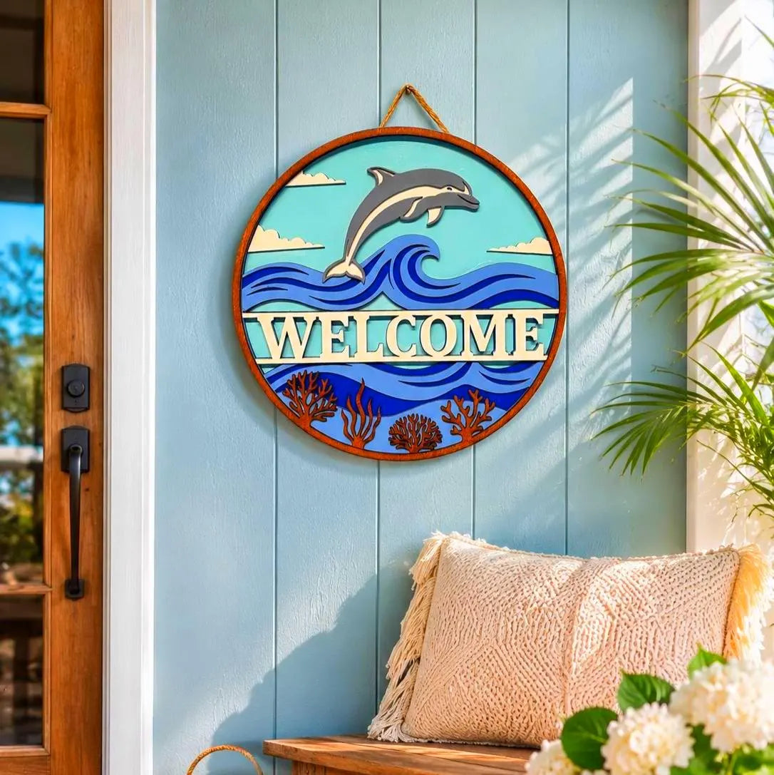 Dolphin Welcome Sign – Layered Coastal Ocean Door Hanger Handmade 3D Wood Decor