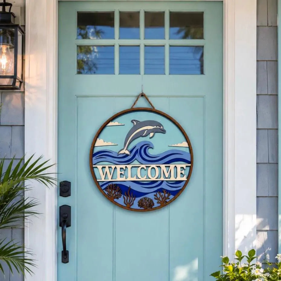 Dolphin Welcome Sign – Layered Coastal Ocean Door Hanger Handmade 3D Wood Decor