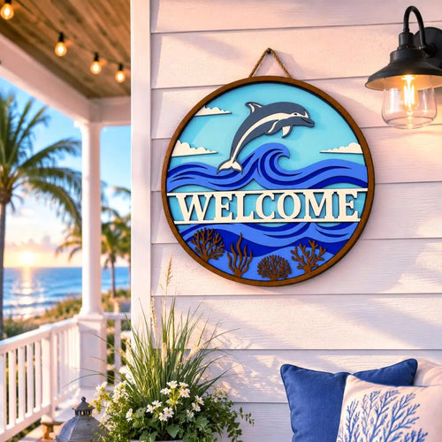 Dolphin Welcome Sign – Layered Coastal Ocean Door Hanger Handmade 3D Wood Decor