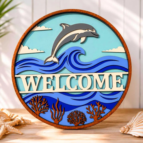 Dolphin Welcome Sign – Layered Coastal Ocean Door Hanger Handmade 3D Wood Decor