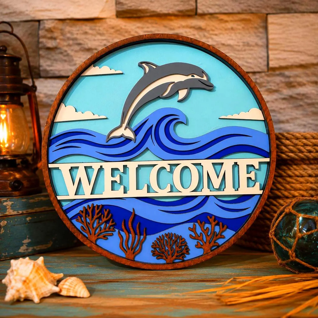 Dolphin Welcome Sign – Layered Coastal Ocean Door Hanger Handmade 3D Wood Decor