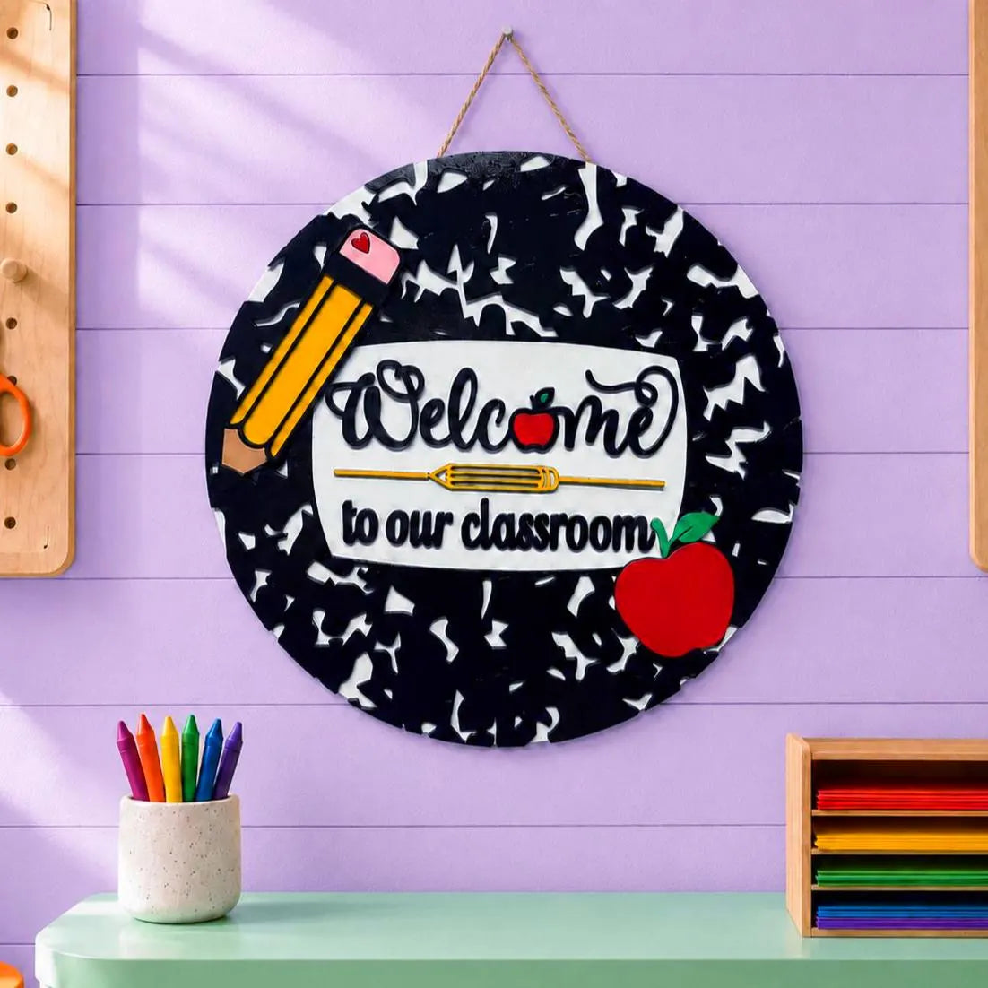 Welcome to Our Classroom Sign | Layered Wood Teacher Door Hanger