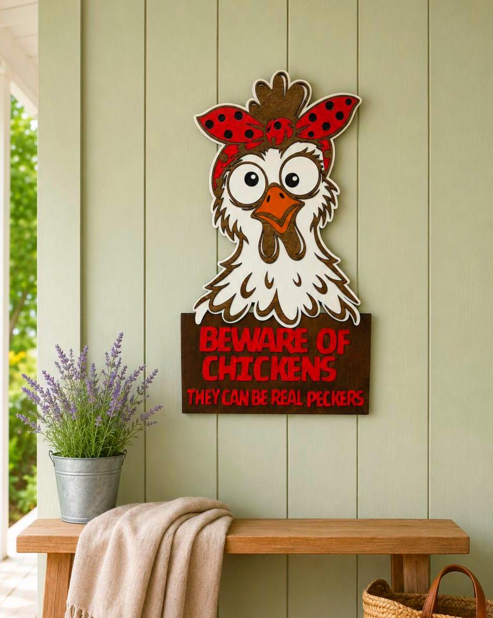 Beware of Chickens Funny Layered Wood Sign Handmade 3D Wood Decor