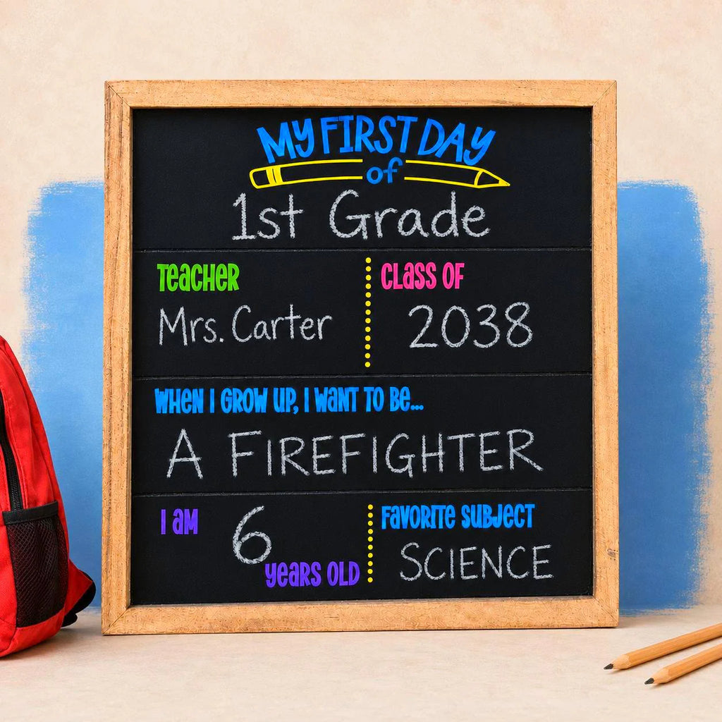 Completed My First Day product sign with first-grade details, natural wood frame, blue backdrop, red backpack and pencils.