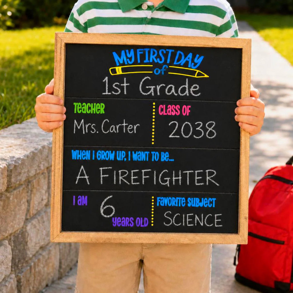 Child holding a completed first-grade chalkboard sign showing Mrs. Carter, Class of 2038, age six, firefighter and science.