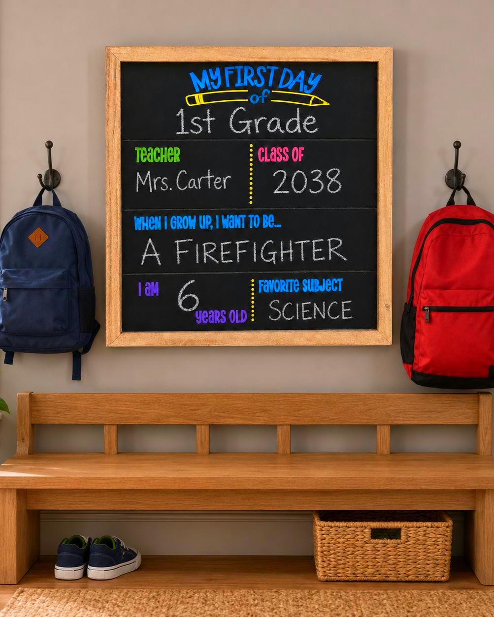 Completed My First Day chalkboard sign hanging above an entryway bench between navy and red school backpacks.
