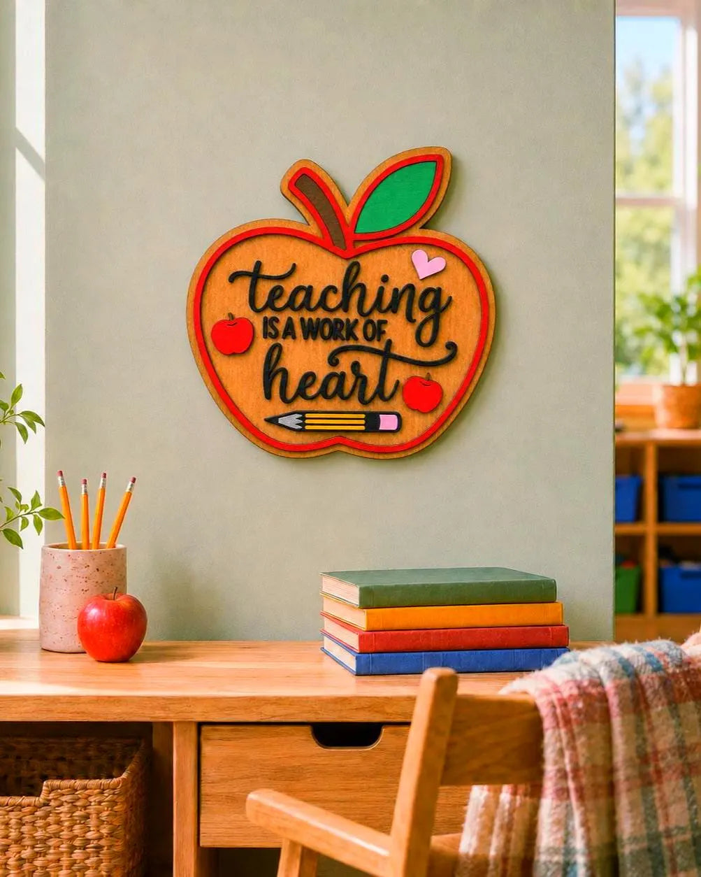 Layered apple teacher sign displayed above a wooden classroom desk with books, pencils, and a red apple.v
