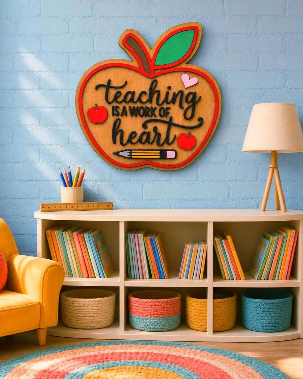 Wooden apple teacher sign displayed on a blue brick wall above a colorful classroom reading nook and bookcase.
