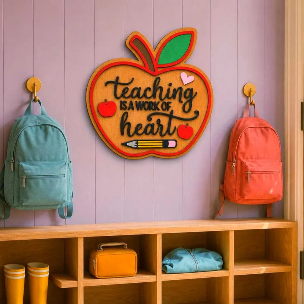 Wooden apple teacher sign displayed above classroom cubbies with teal and coral backpacks on a lavender paneled wall.