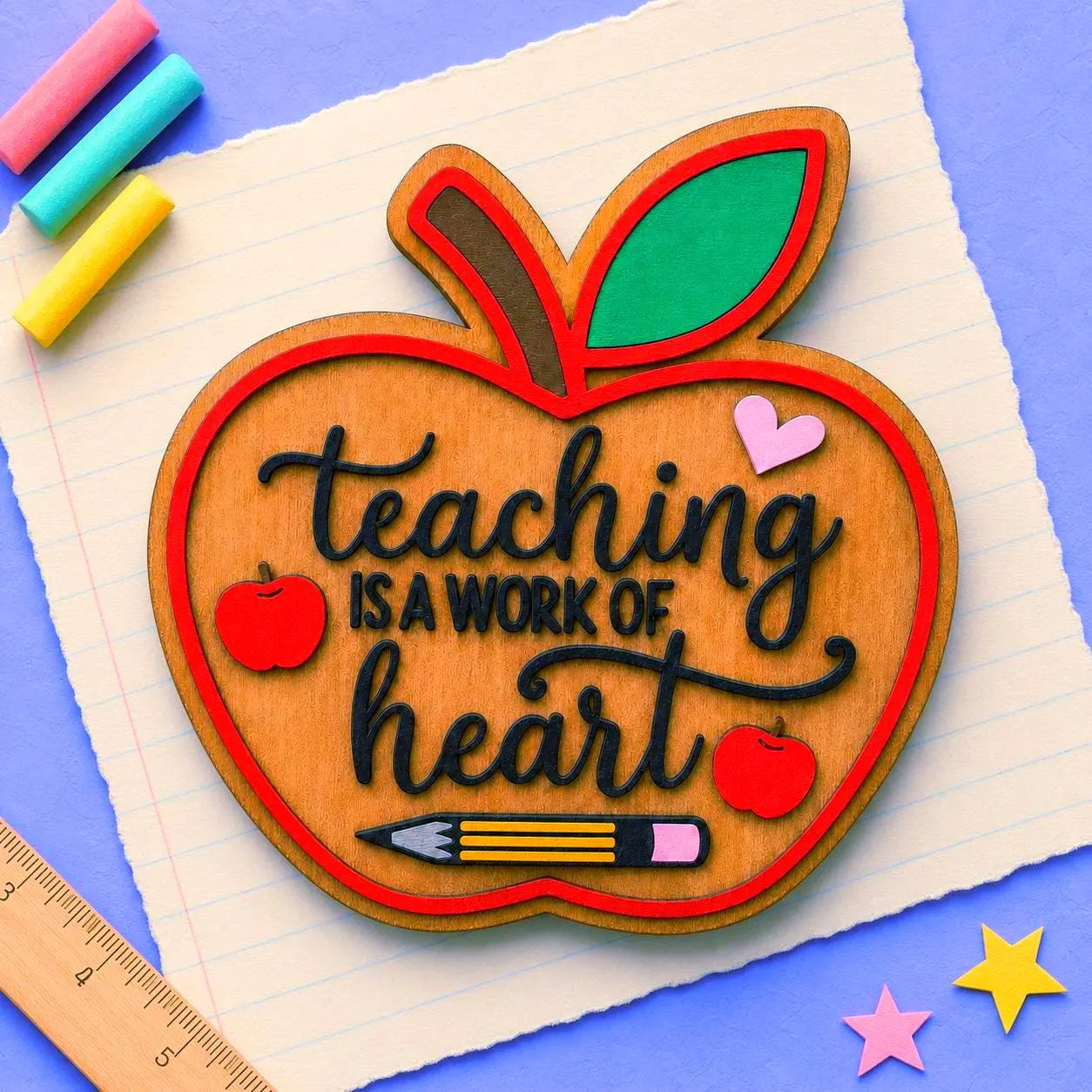 “Teaching Is a Work of Heart” apple sign on lined notebook paper with colorful chalk, ruler, and star accents.