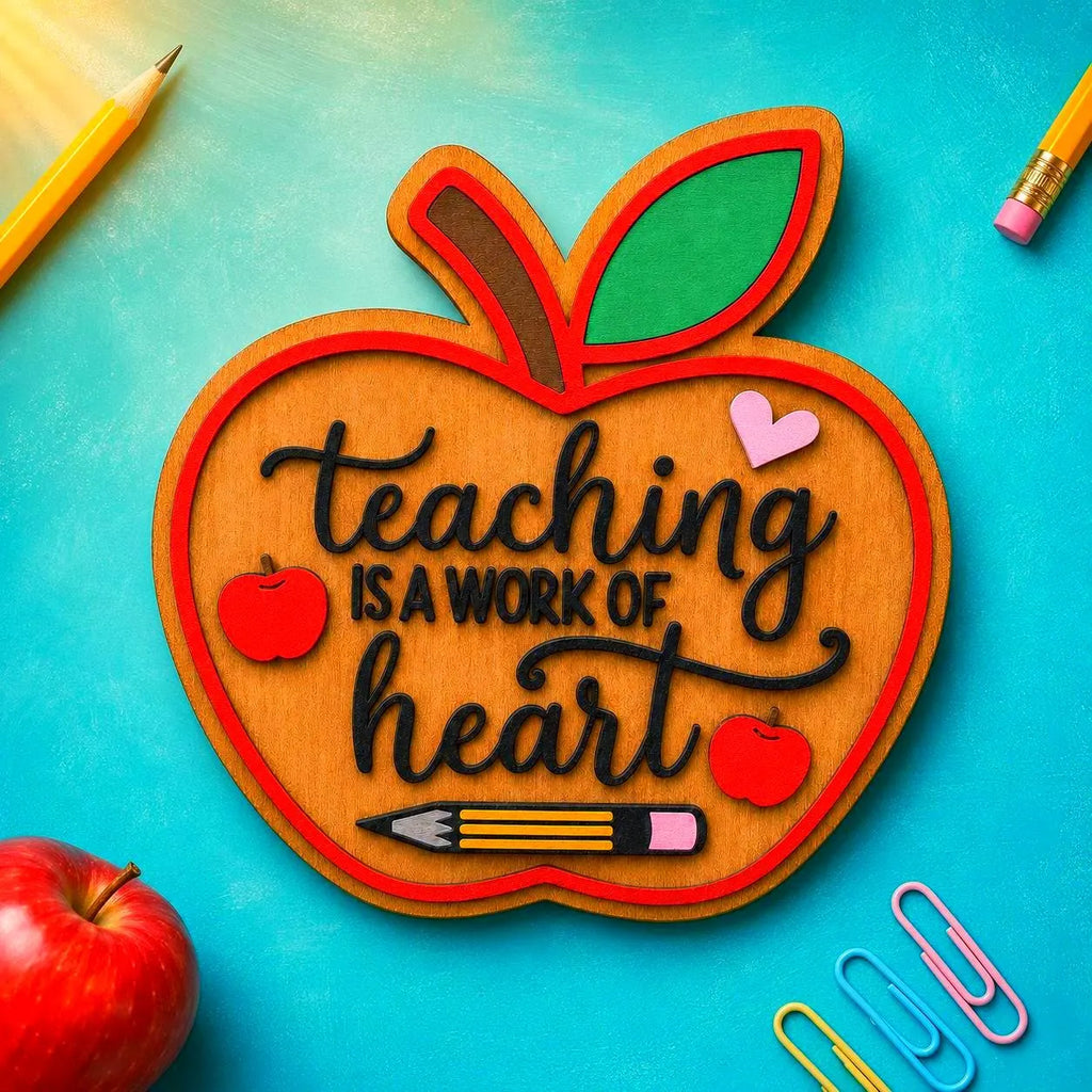 “Teaching Is a Work of Heart” wooden apple sign on a turquoise background with pencils, paper clips, and a red apple.