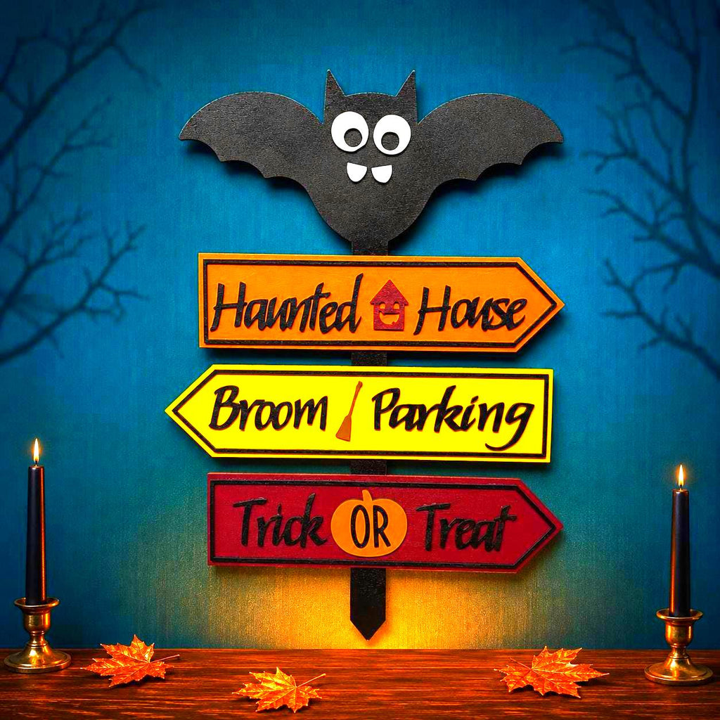 Halloween Bat Directional Wall Sign – Haunted House, Broom Parking & Trick or Treat Stake Handmade Seasonal Decor