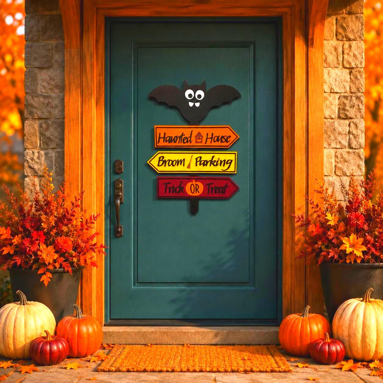 Halloween Bat Directional Wall Sign – Haunted House, Broom Parking & Trick or Treat Stake Handmade Seasonal Decor