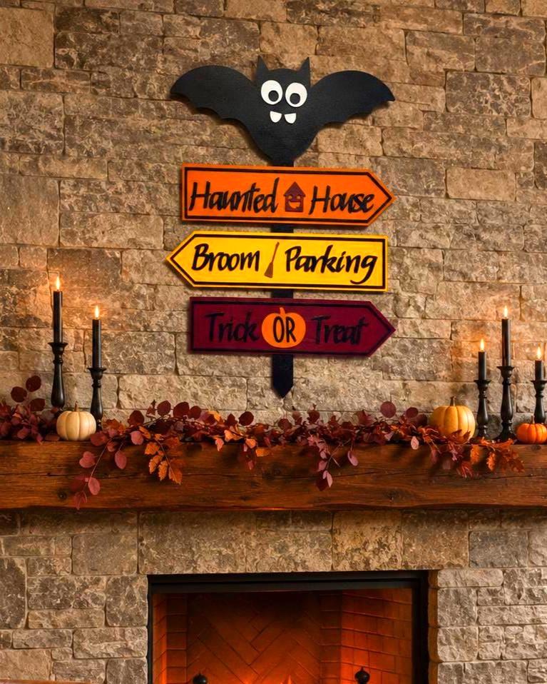 Halloween Bat Directional Wall Sign – Haunted House, Broom Parking & Trick or Treat Stake Handmade Seasonal Decor