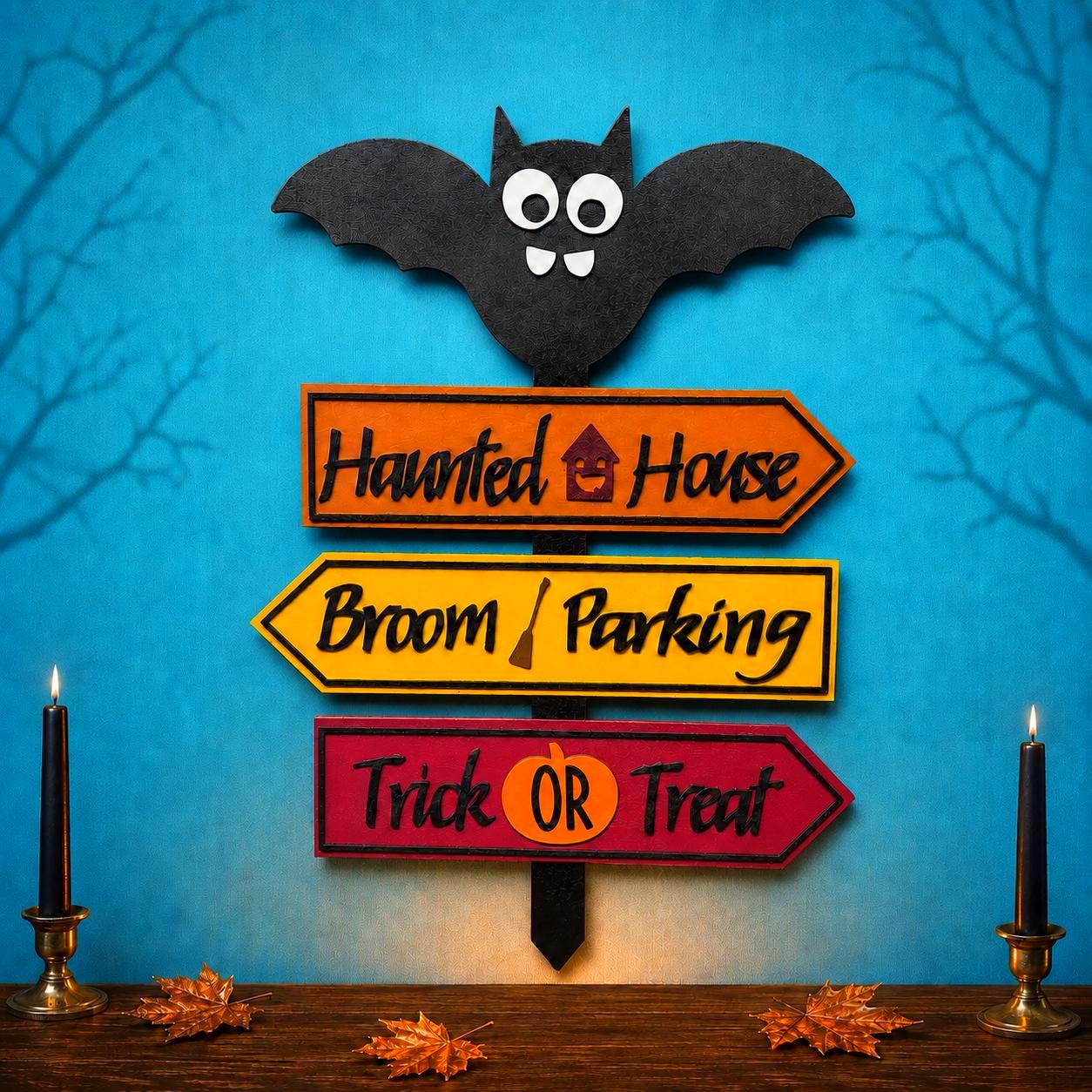 Halloween Bat Directional Wall Sign – Haunted House, Broom Parking & Trick or Treat Stake Handmade Seasonal Decor