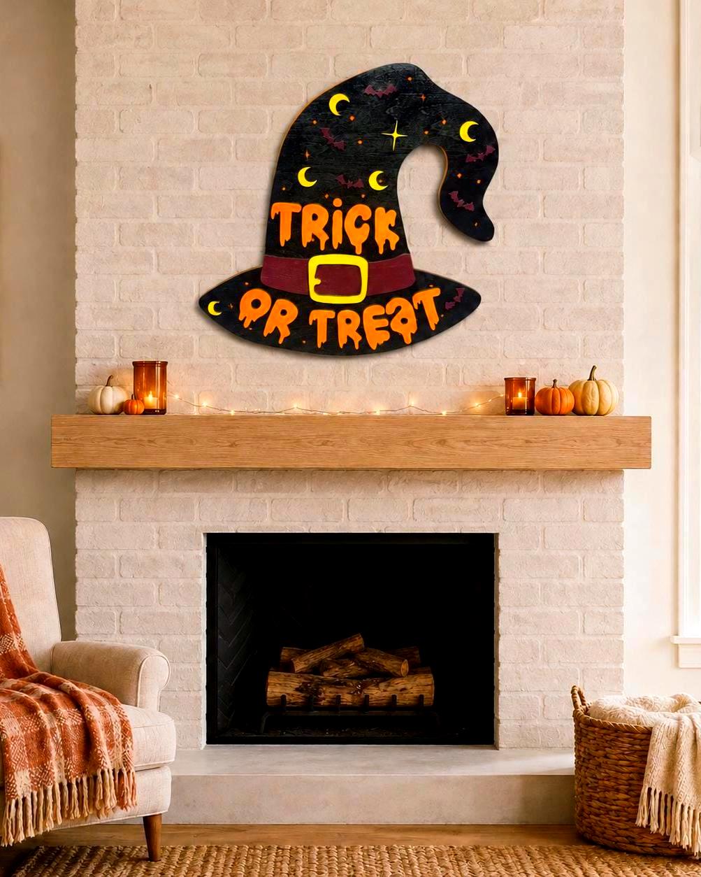 Trick or Treat Witch Hat Halloween Sign – Layered Wood Decor Handmade Seasonal Decor