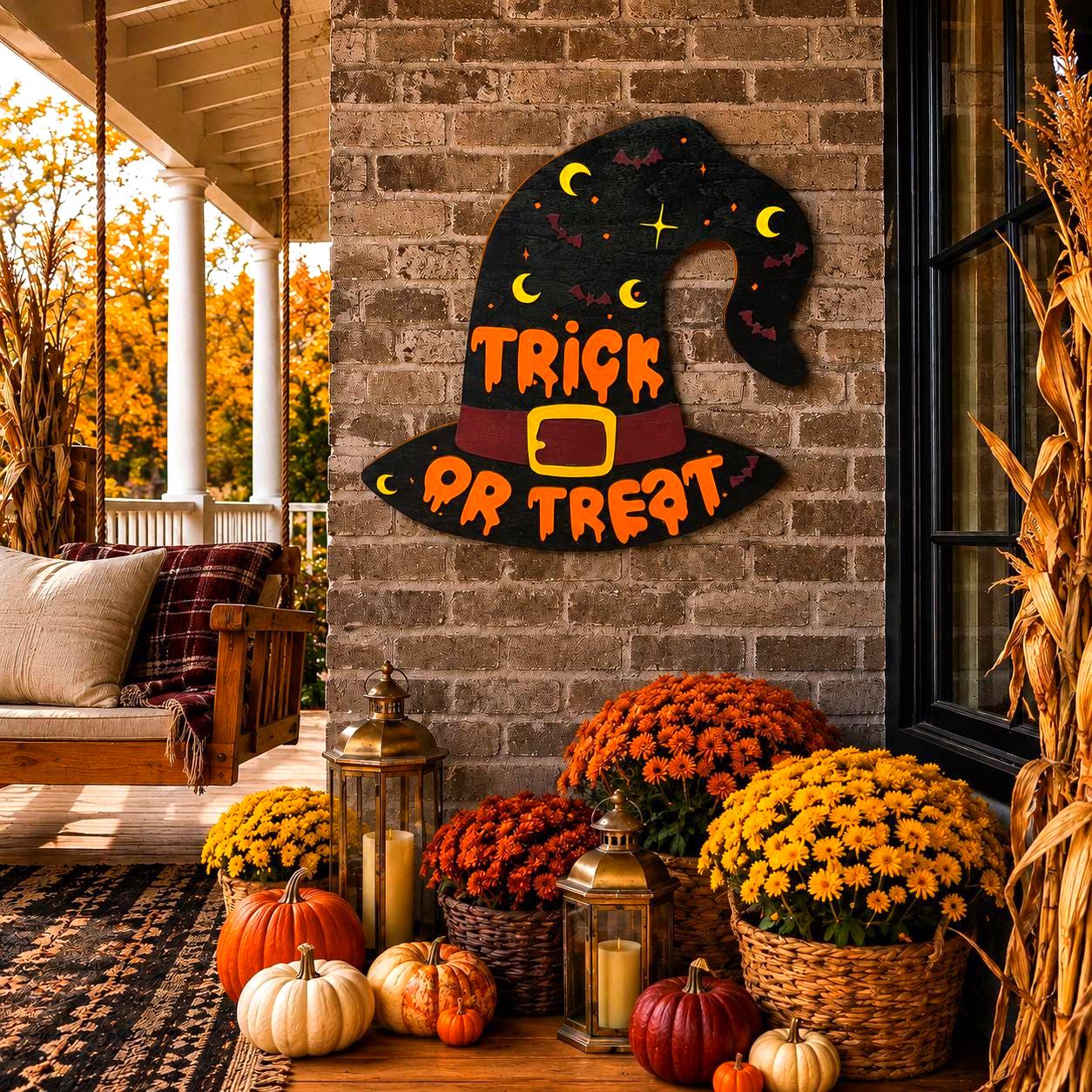 Trick or Treat Witch Hat Halloween Sign – Layered Wood Decor Handmade Seasonal Decor