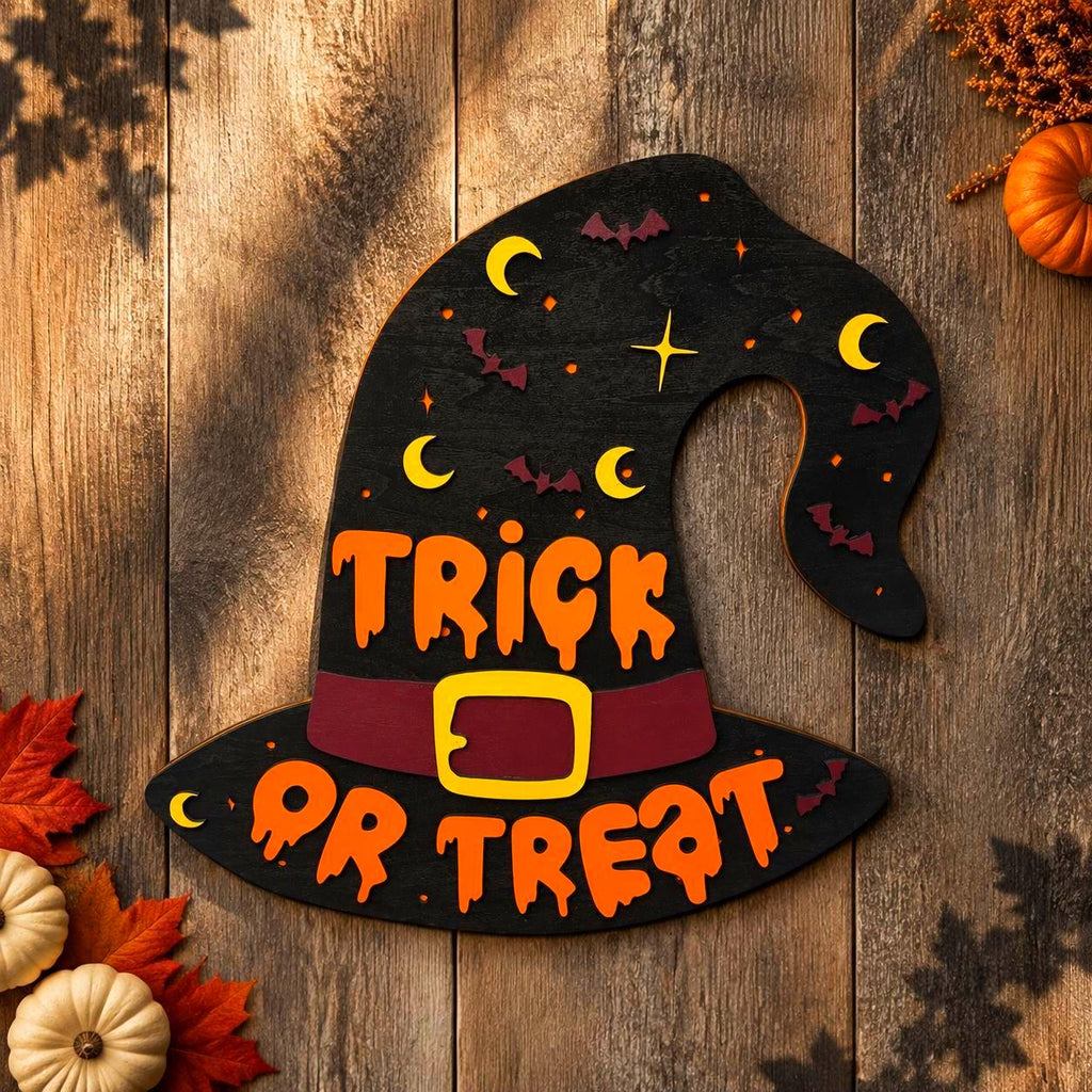 Trick or Treat Witch Hat Halloween Sign – Layered Wood Decor Handmade Seasonal Decor