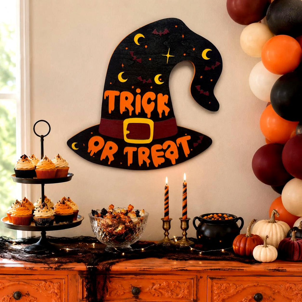 Trick or Treat Witch Hat Halloween Sign – Layered Wood Decor Handmade Seasonal Decor