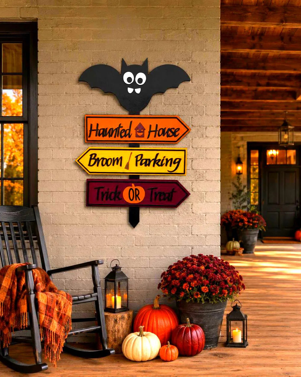 Halloween Bat Directional Wall Sign – Haunted House, Broom Parking & Trick or Treat Stake Handmade Seasonal Decor