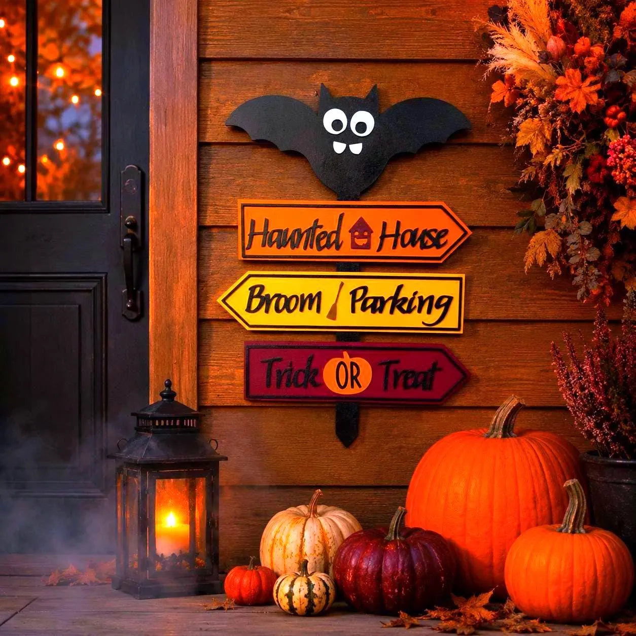 Halloween Bat Directional Wall Sign – Haunted House, Broom Parking & Trick or Treat Stake Handmade Seasonal Decor
