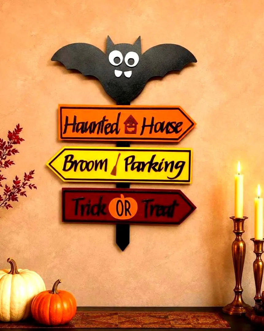 Halloween Bat Directional Wall Sign – Haunted House, Broom Parking & Trick or Treat Stake Handmade Seasonal Decor