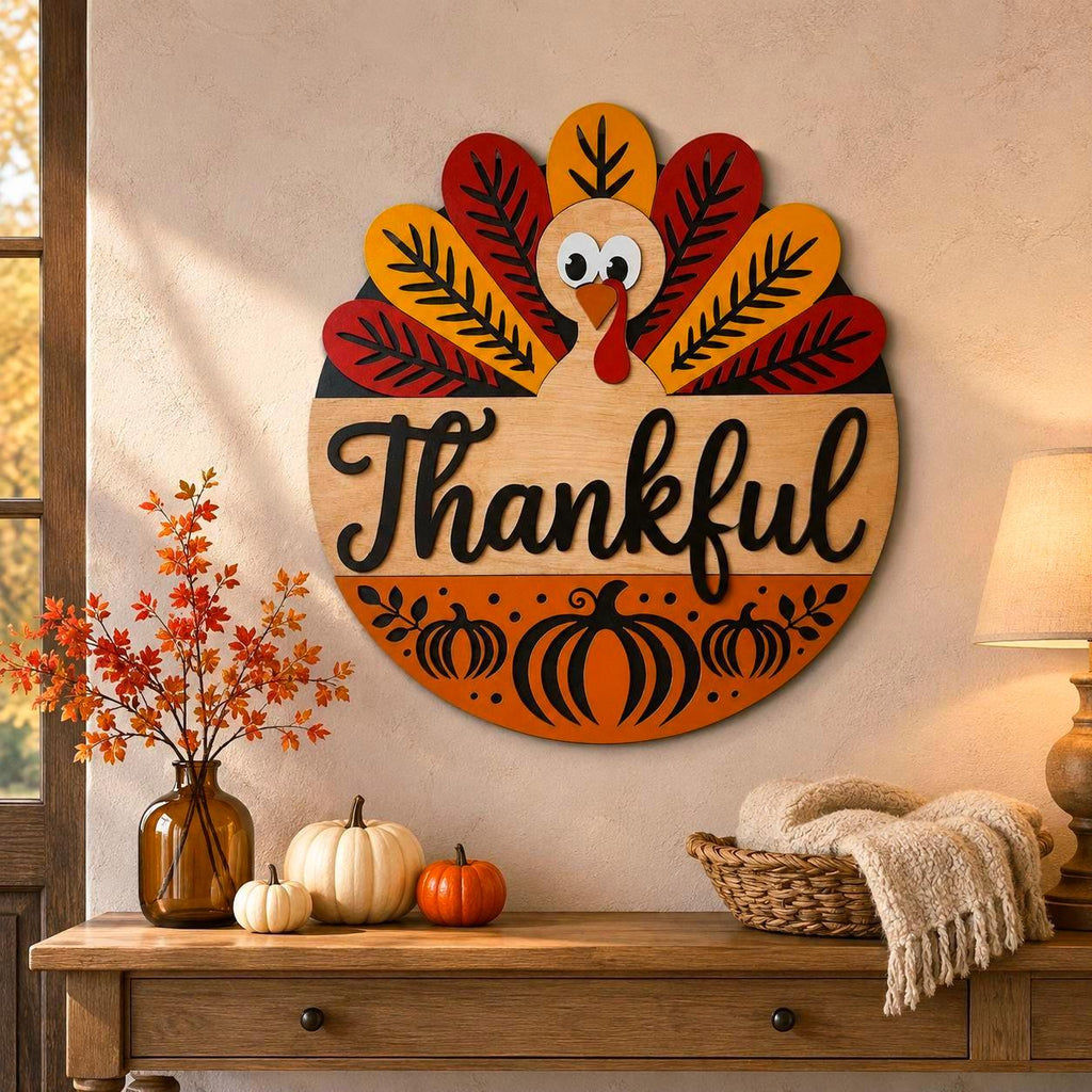 Thankful Turkey Round Wooden Sign Handmade Seasonal Decor