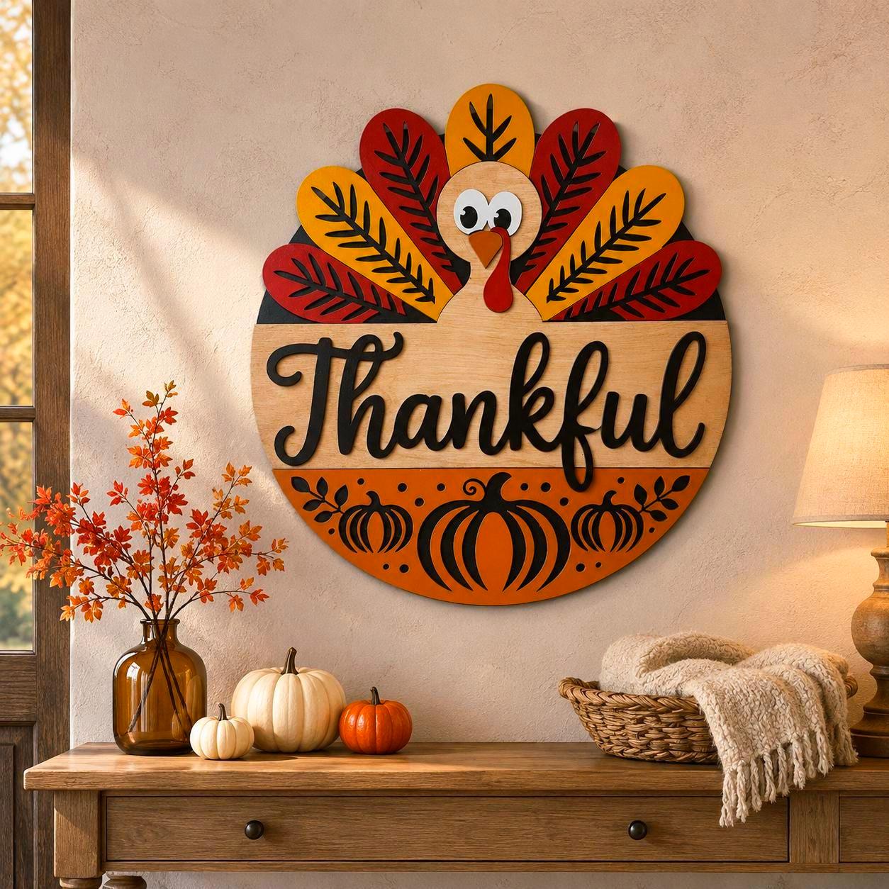 Thankful Turkey Round Wooden Sign Handmade Seasonal Decor