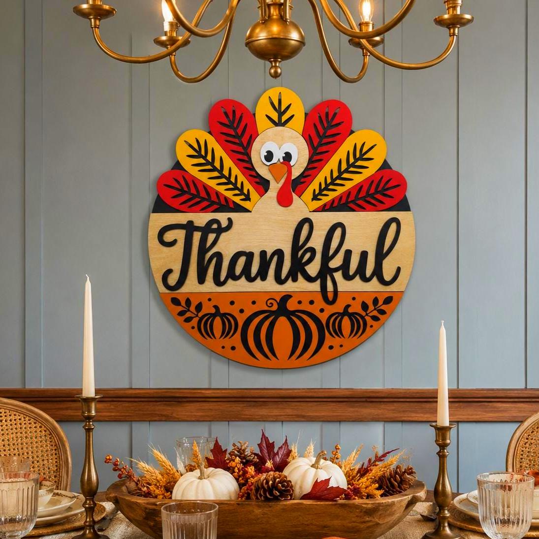 Thankful Turkey Round Wooden Sign Handmade Seasonal Decor