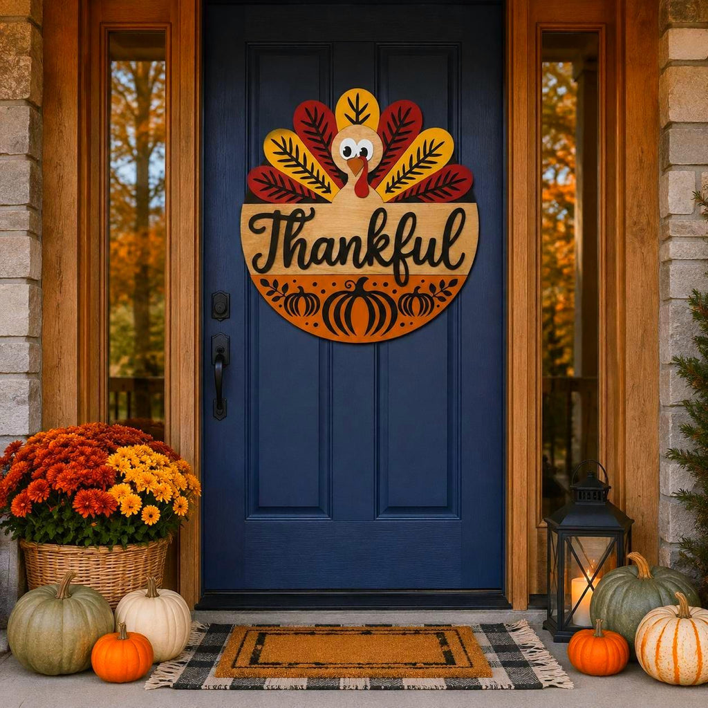 Thankful Turkey Round Wooden Sign Handmade Seasonal Decor