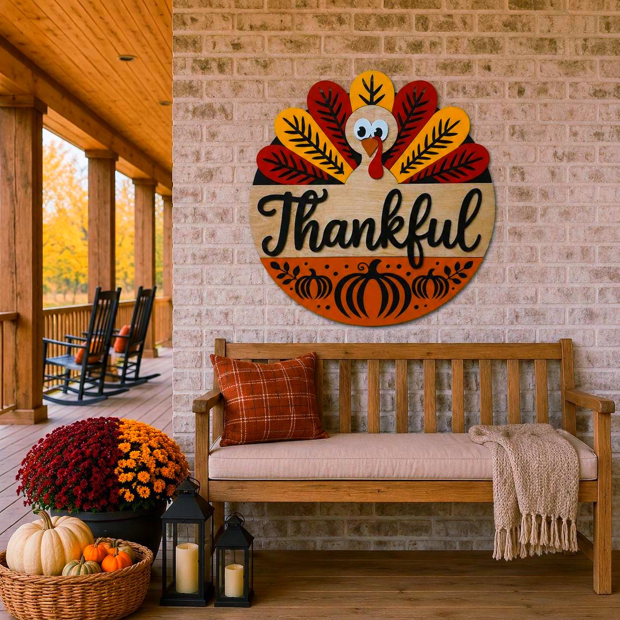 Thankful Turkey Round Wooden Sign Handmade Seasonal Decor