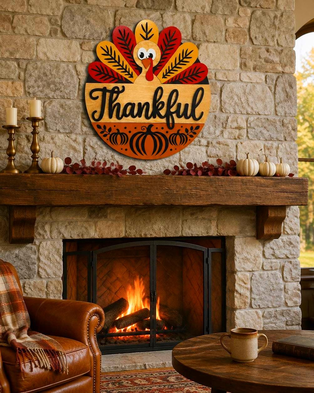 Thankful Turkey Round Wooden Sign Handmade Seasonal Decor