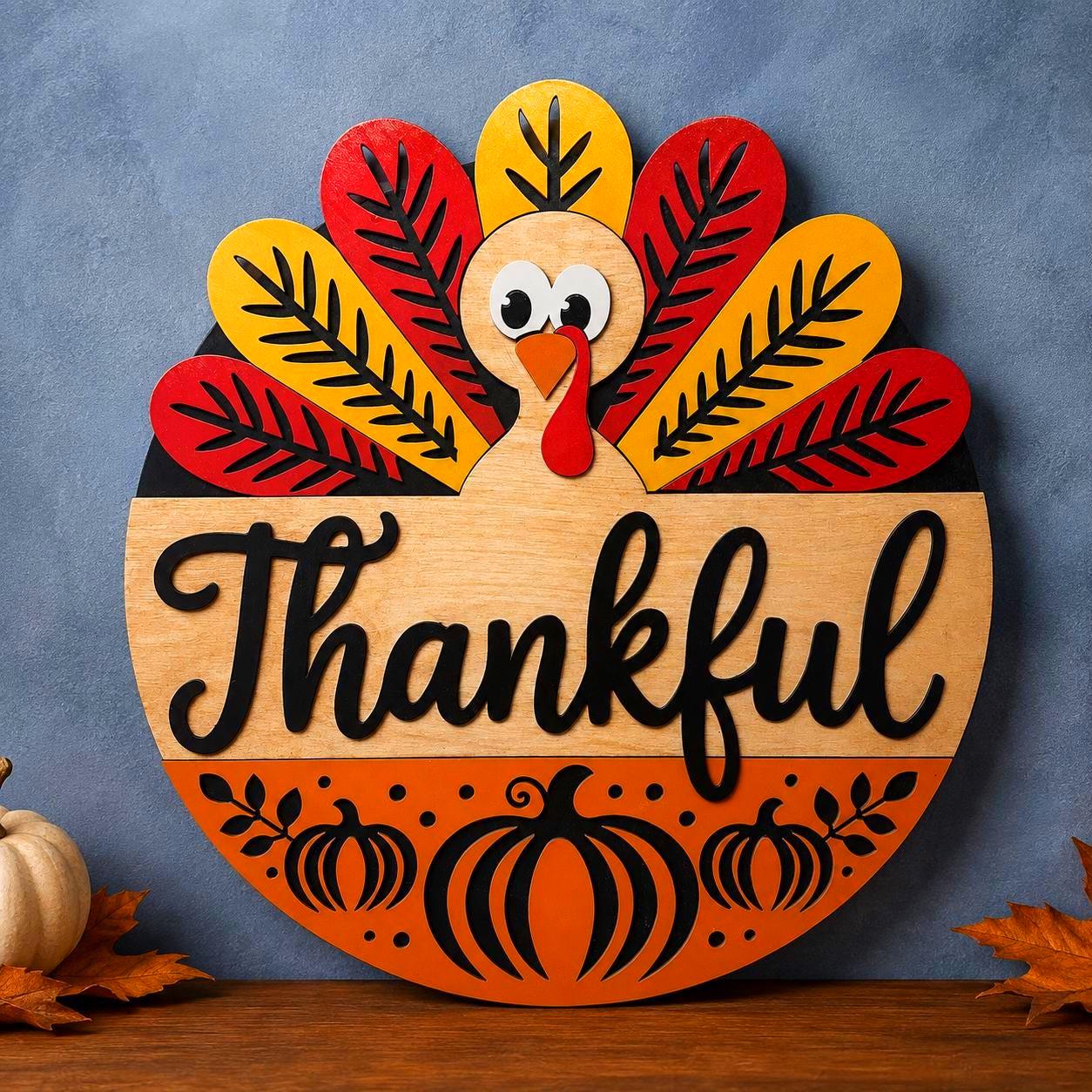Thankful Turkey Round Wooden Sign Handmade Seasonal Decor