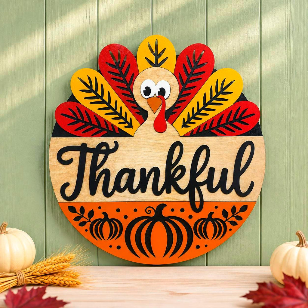 Thankful Turkey Round Wooden Sign Handmade Seasonal Decor