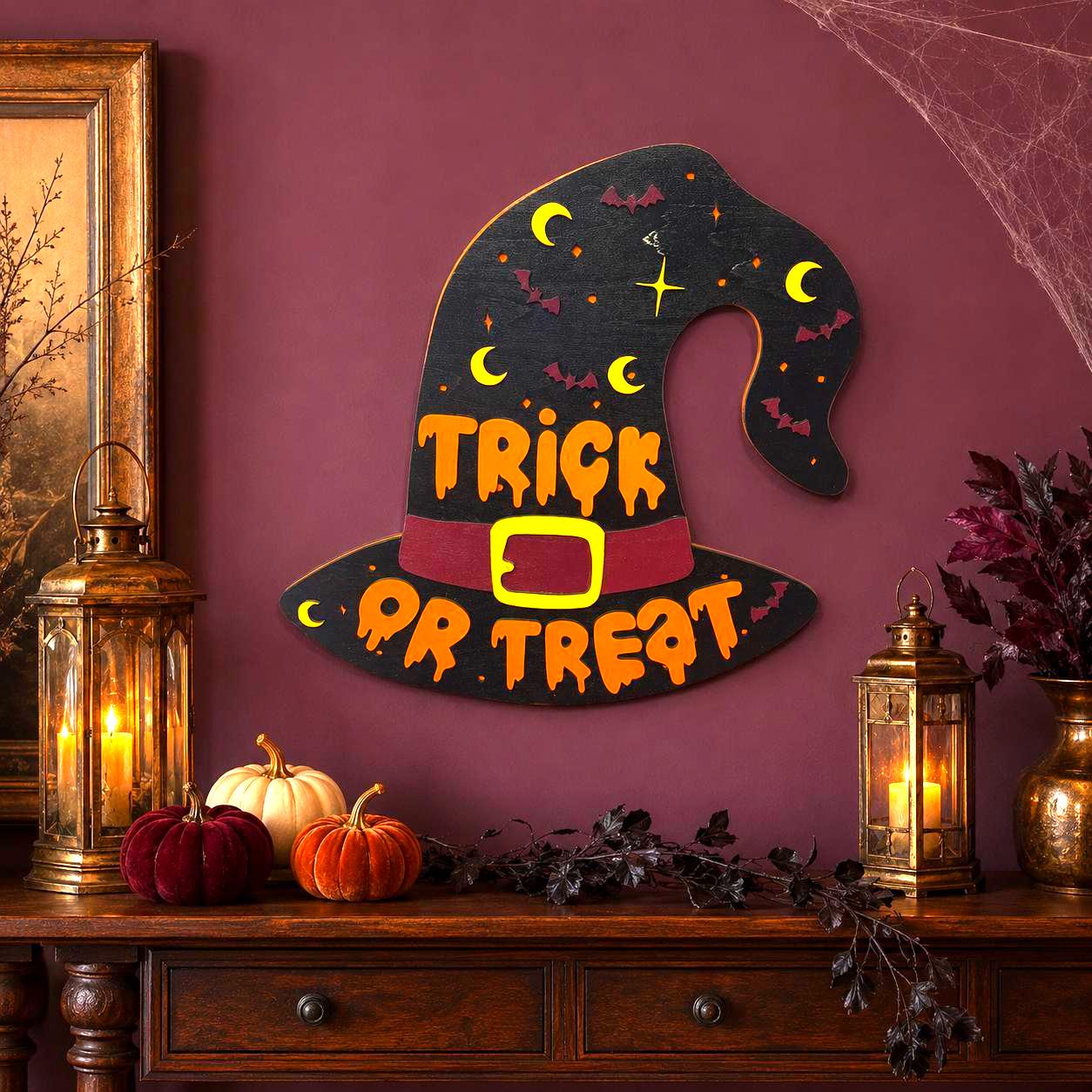 Trick or Treat Witch Hat Halloween Sign – Layered Wood Decor Handmade Seasonal Decor
