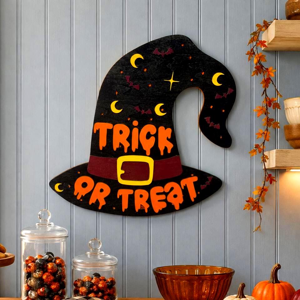 Trick or Treat Witch Hat Halloween Sign – Layered Wood Decor Handmade Seasonal Decor