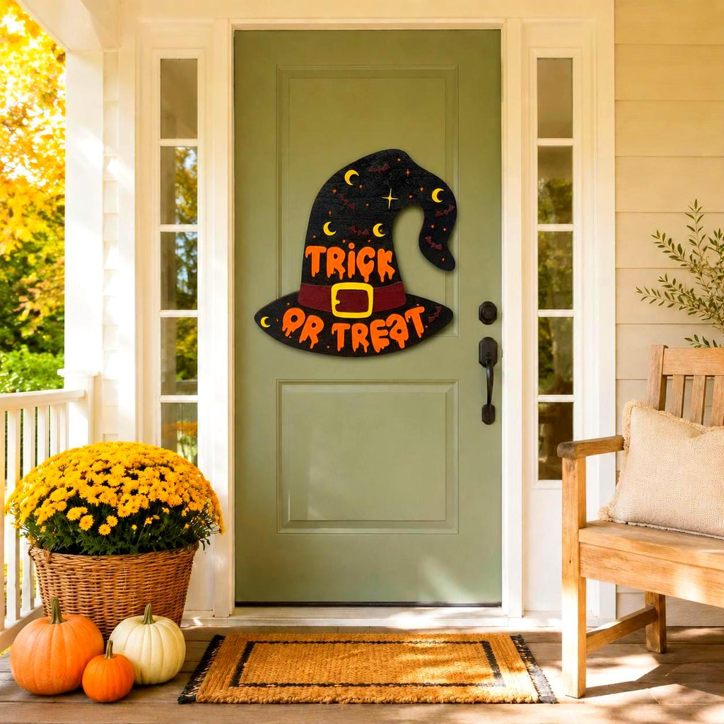 Trick or Treat Witch Hat Halloween Sign – Layered Wood Decor Handmade Seasonal Decor