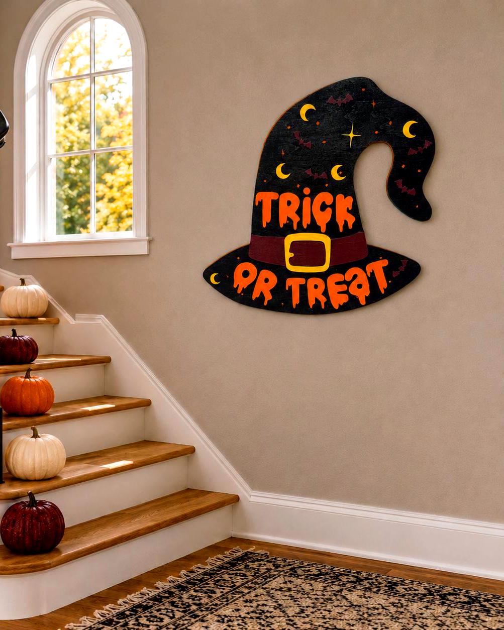 Trick or Treat Witch Hat Halloween Sign – Layered Wood Decor Handmade Seasonal Decor