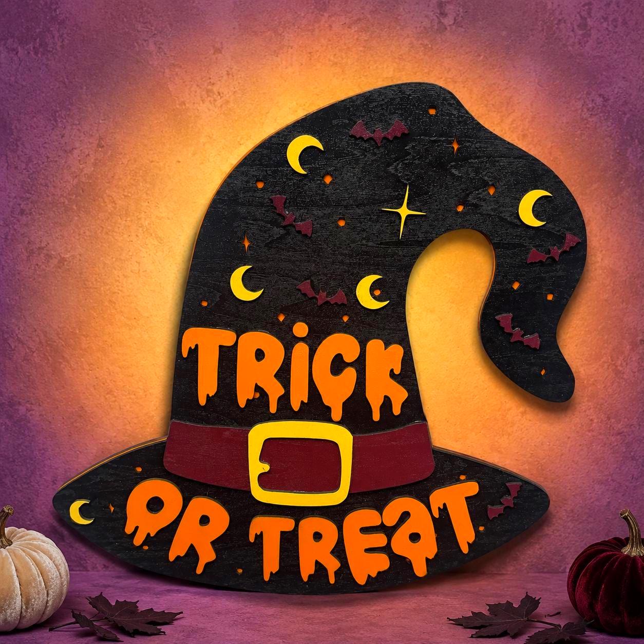 Trick or Treat Witch Hat Halloween Sign – Layered Wood Decor Handmade Seasonal Decor