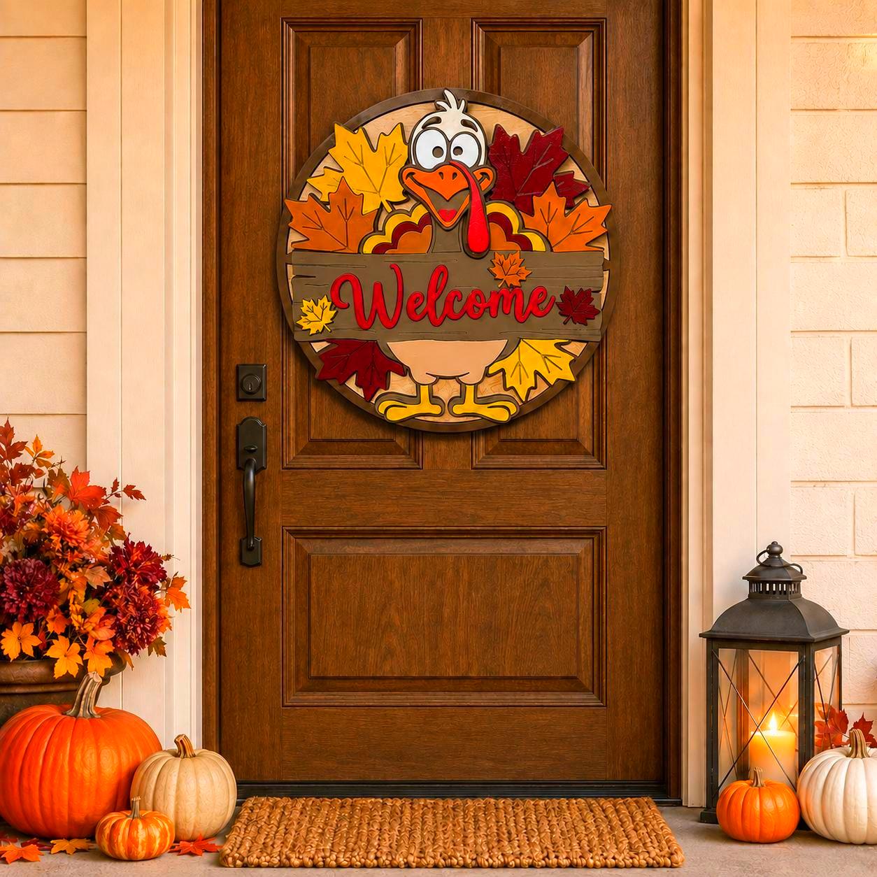 Layered wood turkey Welcome door hanger on a solid stained wood front door surrounded by pumpkins, fall flowers and a lantern.