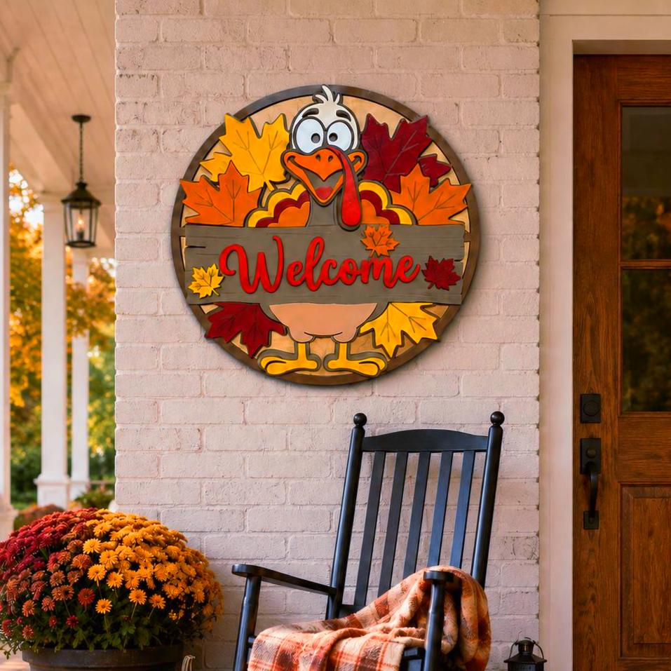 Thanksgiving turkey Welcome sign displayed on light painted brick beside a rocking chair, fall mums and pumpkins on a front porch.