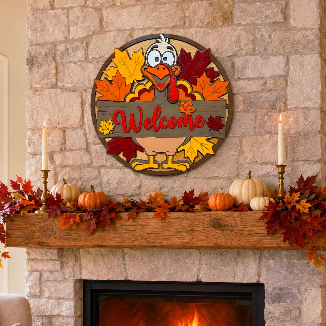 Thanksgiving turkey Welcome sign displayed above a stone fireplace mantel decorated with pumpkins, autumn leaves and taper candles.
