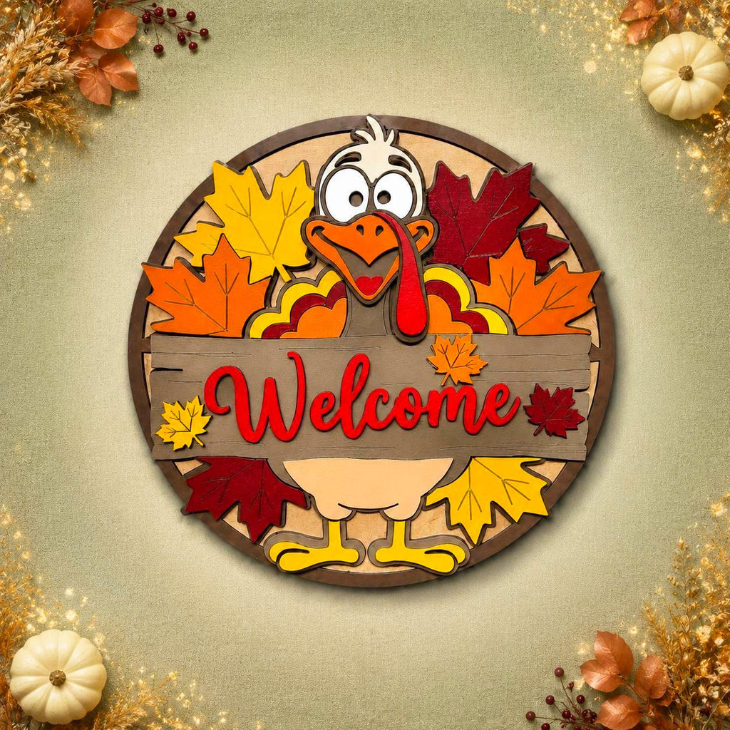 Handcrafted layered wood Thanksgiving turkey Welcome sign on a pale sage background with ivory pumpkins and autumn foliage.