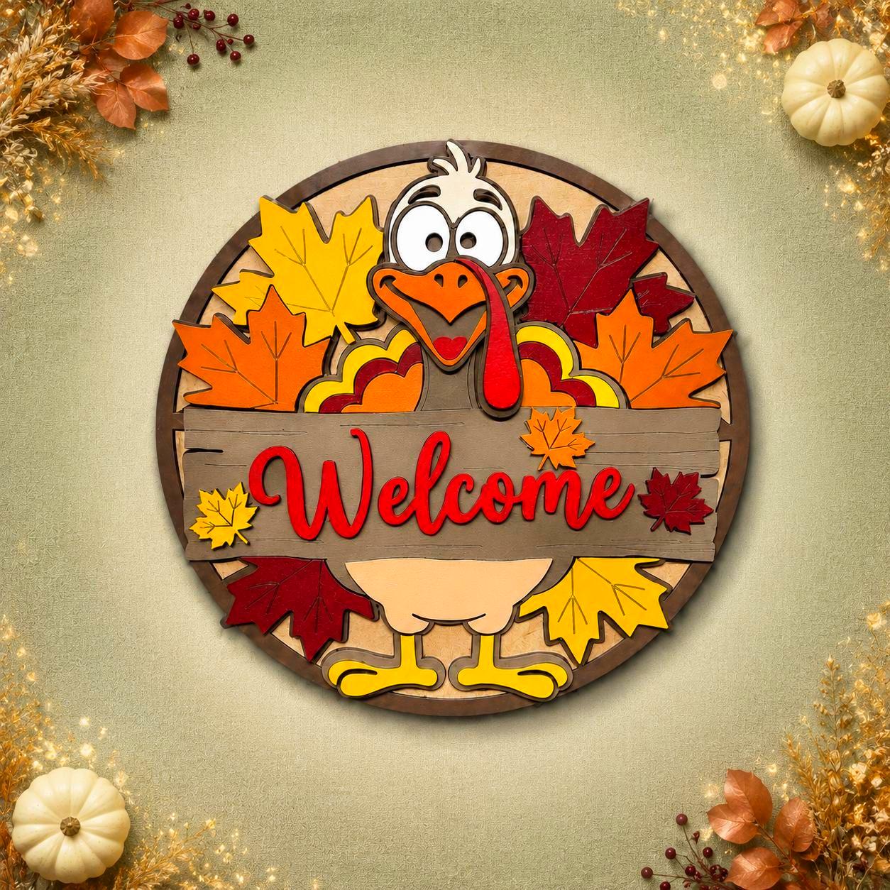 Handcrafted layered wood Thanksgiving turkey Welcome sign on a pale sage background with ivory pumpkins and autumn foliage.