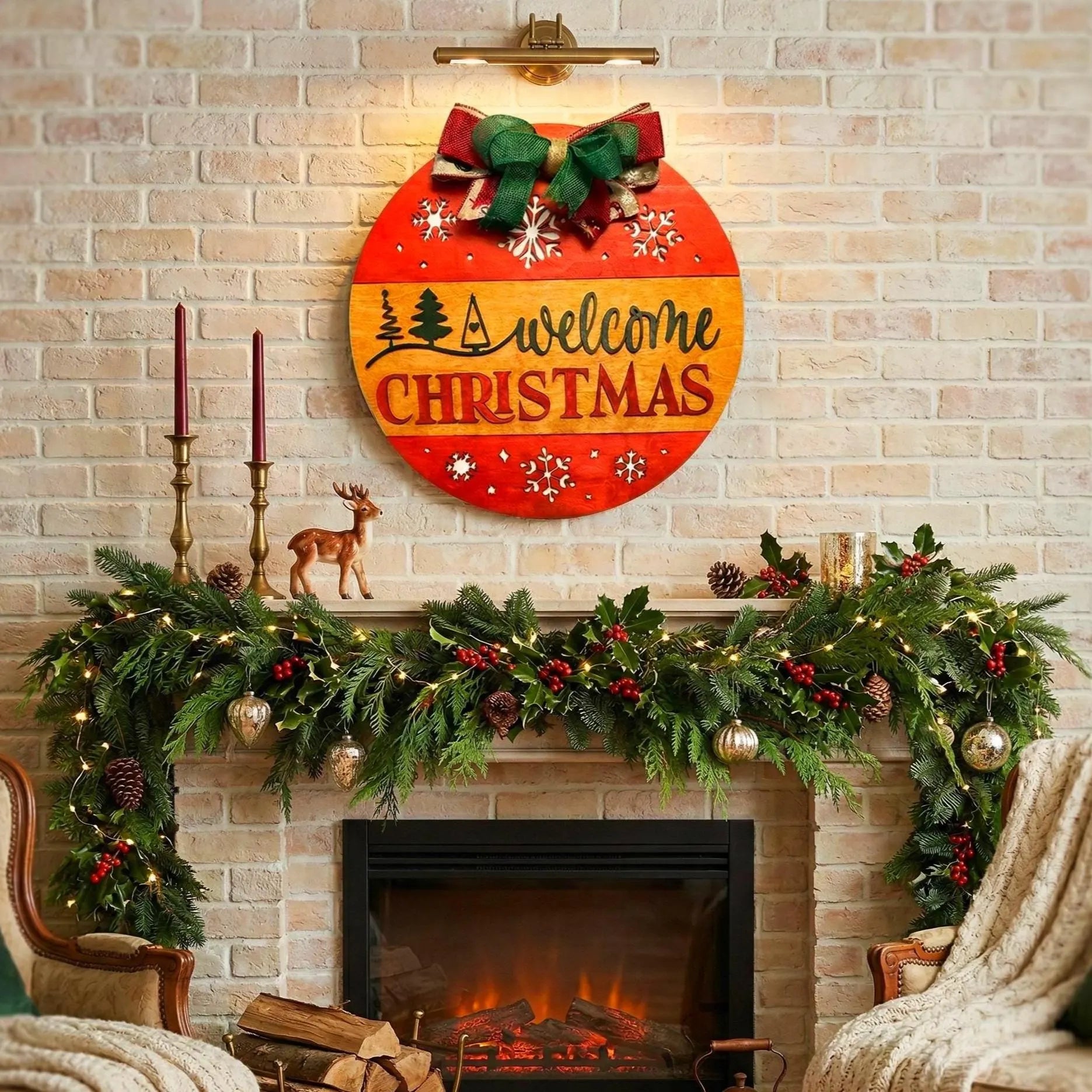 Welcome Christmas Sign – Round Wooden Door Hanger – Layered Holiday Decor with Seasonal Bow Seasonal Door Hanger
