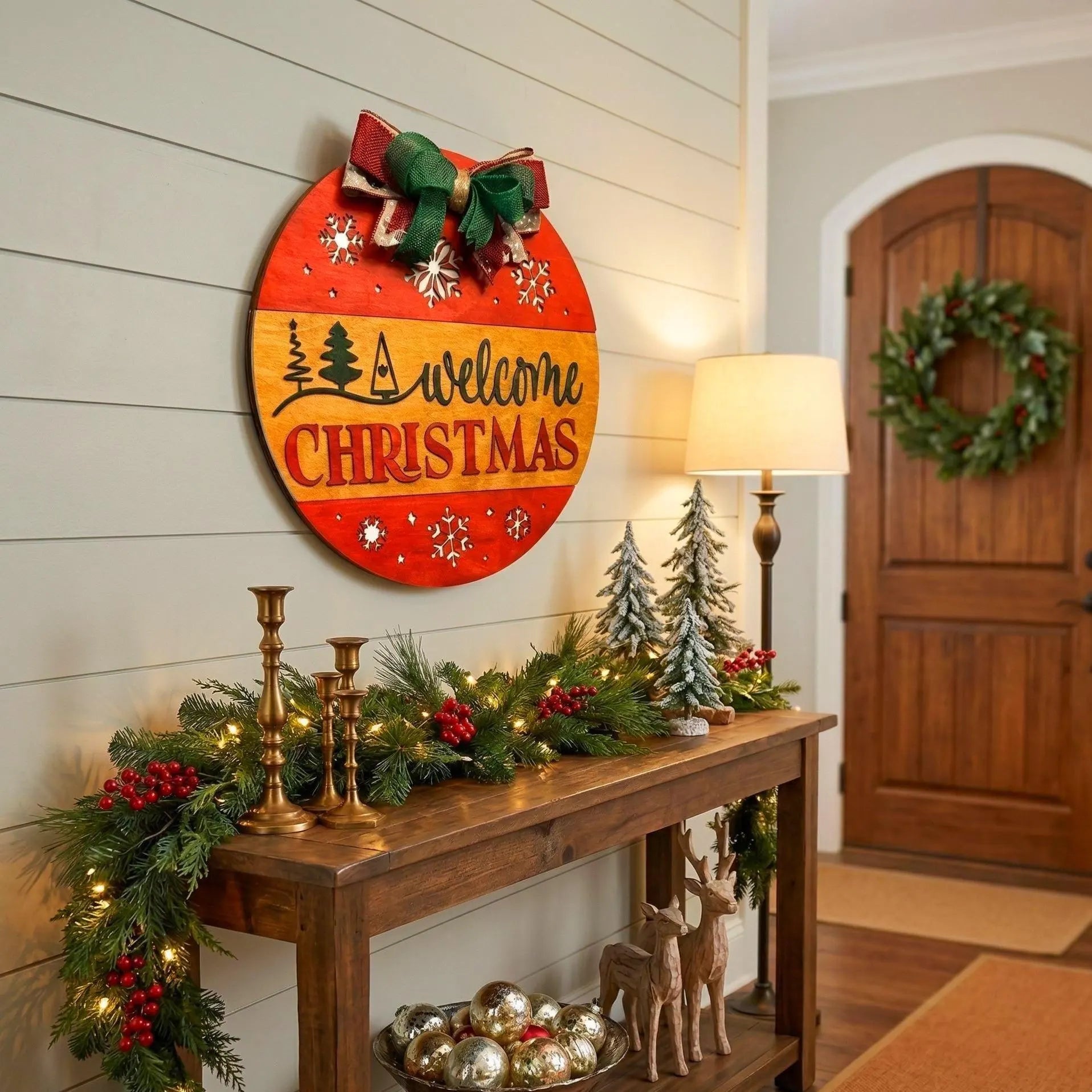 Welcome Christmas Sign – Round Wooden Door Hanger – Layered Holiday Decor with Seasonal Bow Seasonal Door Hanger