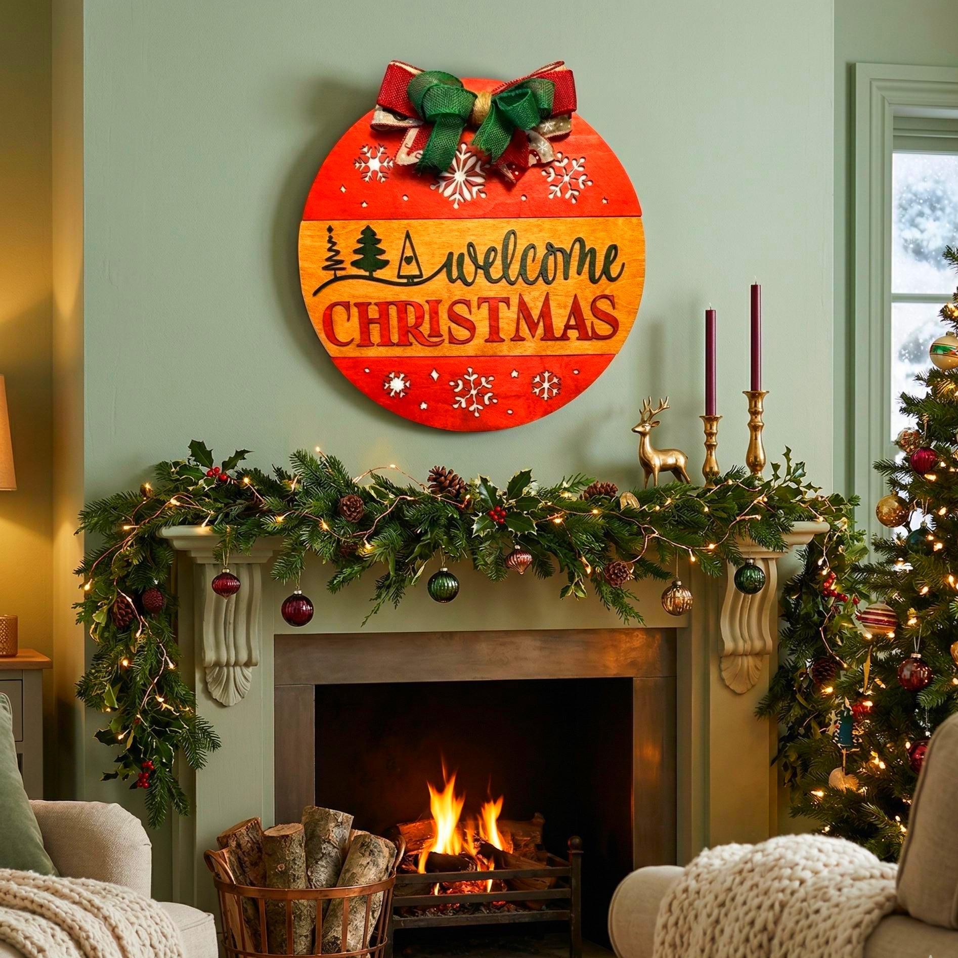 Welcome Christmas Sign – Round Wooden Door Hanger – Layered Holiday Decor with Seasonal Bow Seasonal Door Hanger