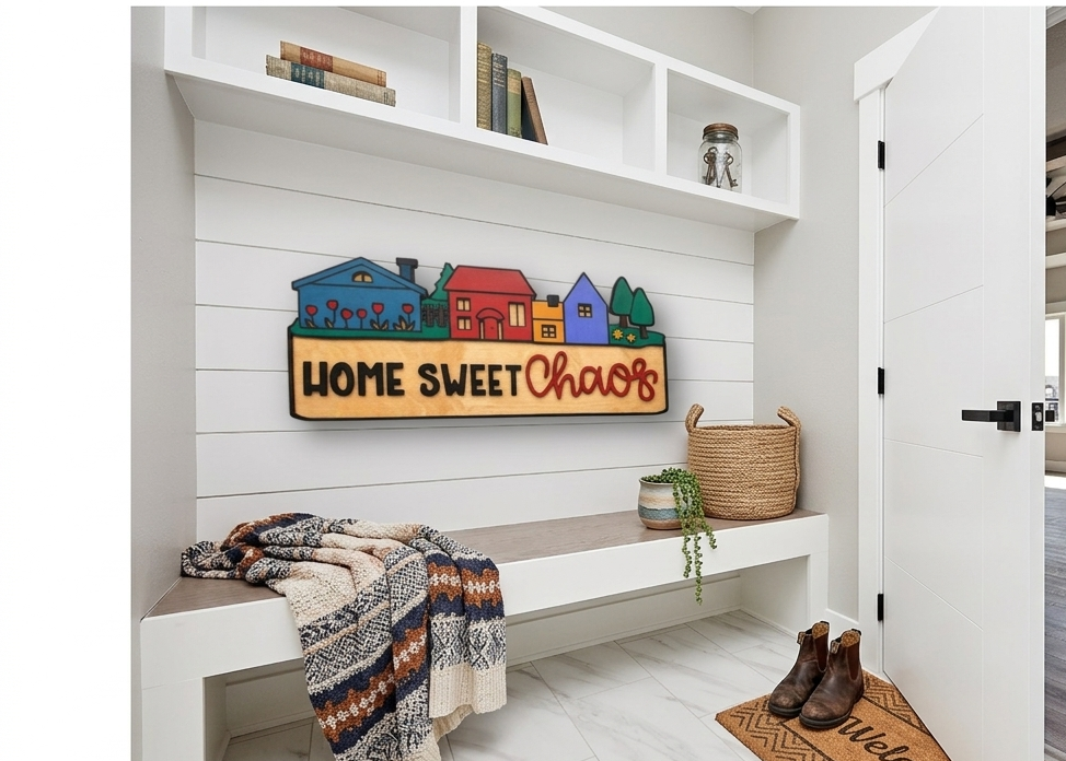 Home Sweet Chaos Sign • Handmade Layered Wood House Scene Decor • Colorful Family Home Gift Handmade 3D Wood Sign