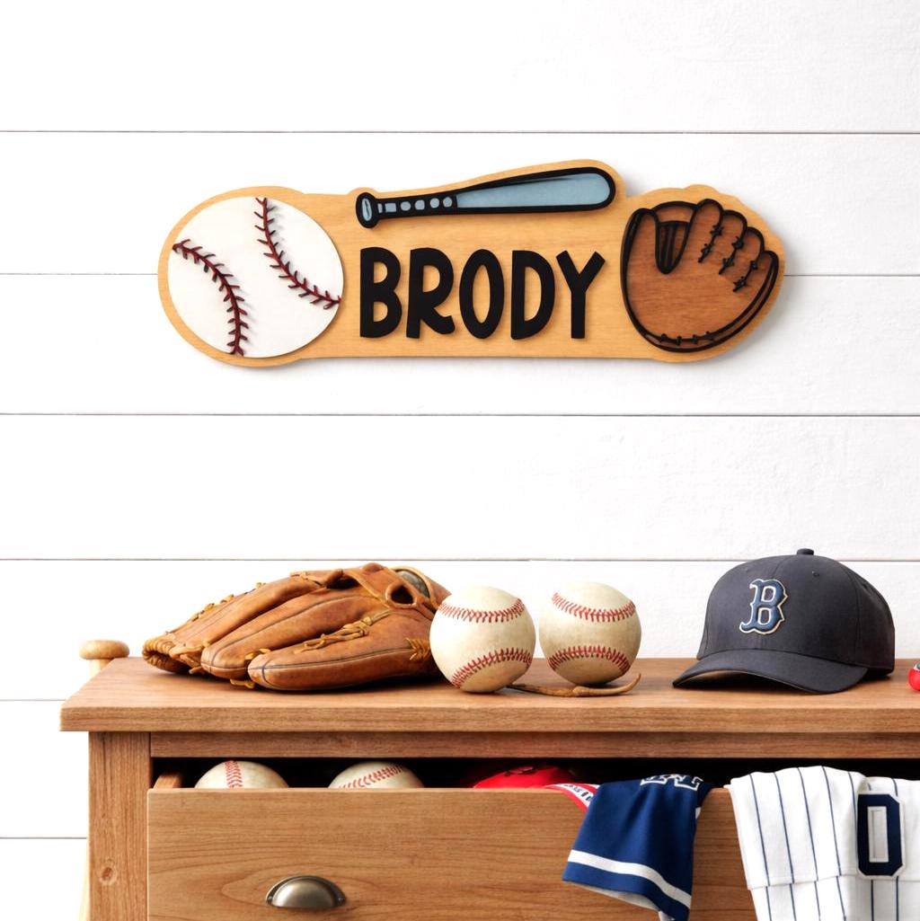 Personalized Baseball Name Sign – Custom Bat, Ball & Glove Cutouts – Layered Wood Sports Decor Custom Baseball Decor